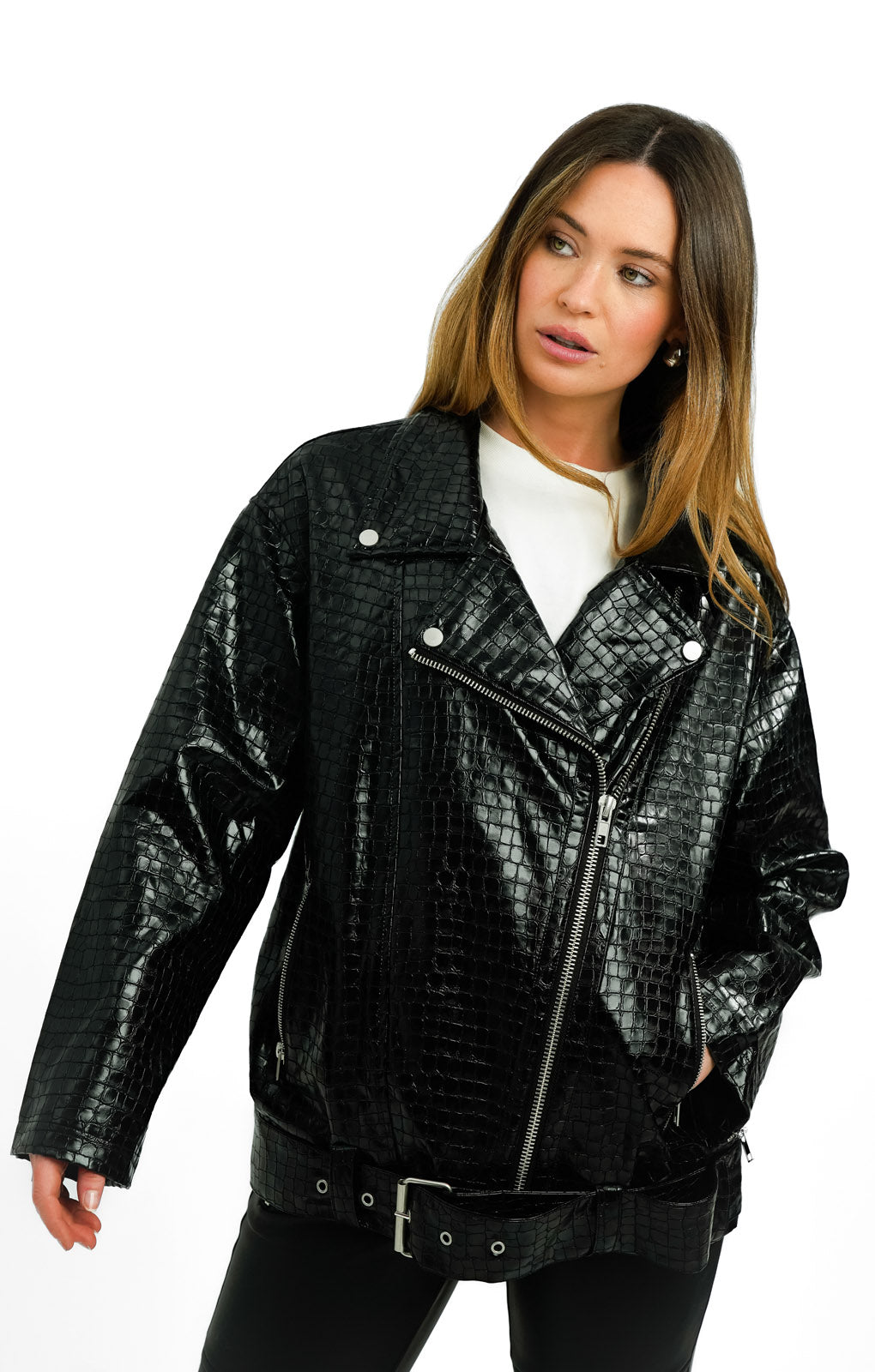 ASOS DESIGN Petite Faux Leather Croc Longline Biker Jacket In Black