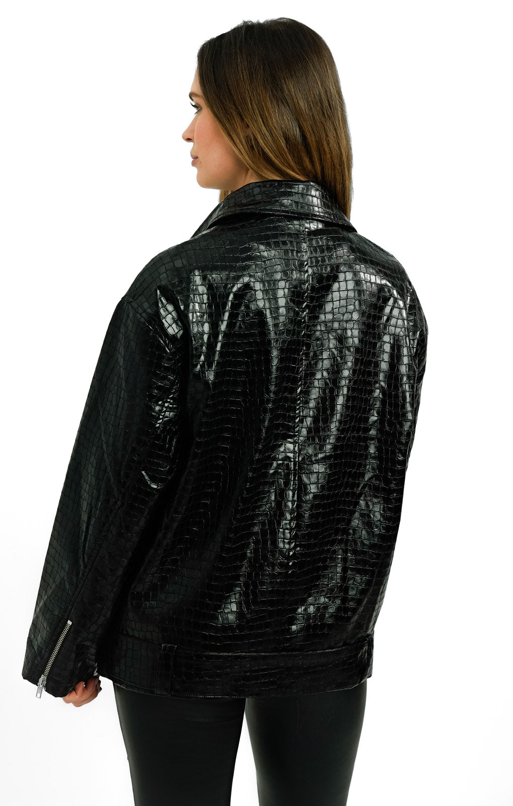 ASOS DESIGN Petite Faux Leather Croc Longline Biker Jacket In Black