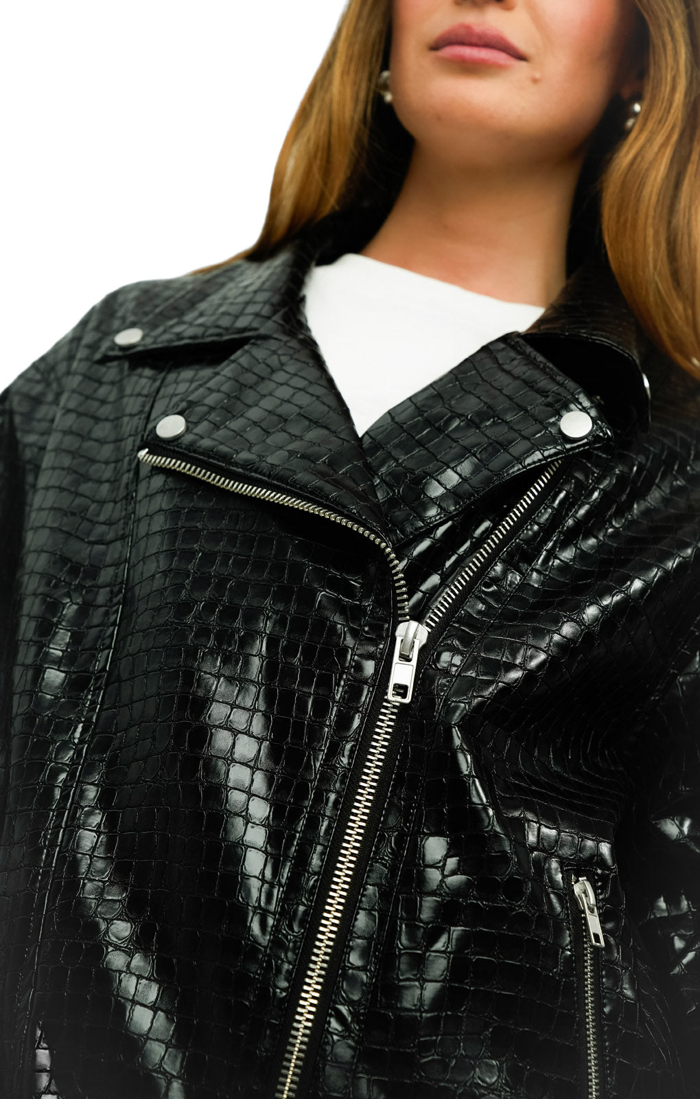 ASOS DESIGN Petite Faux Leather Croc Longline Biker Jacket In Black
