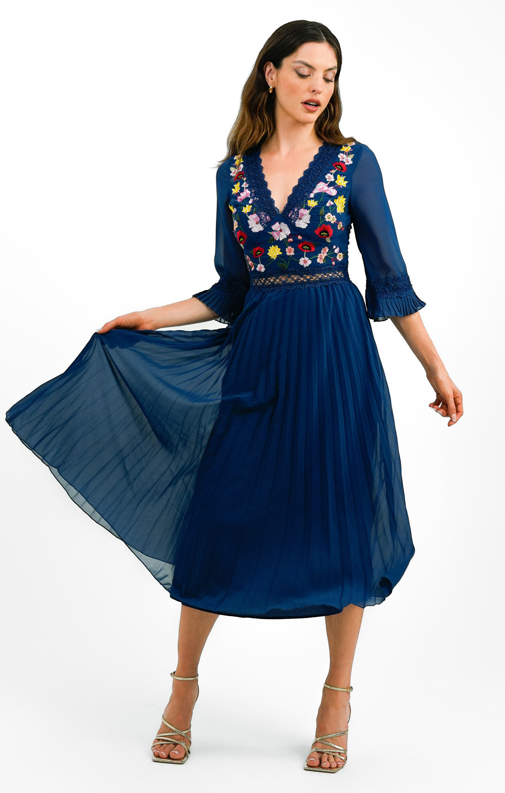 ASOS DESIGN Lace Insert Pleated Midi Dress With Embroidery In Navy