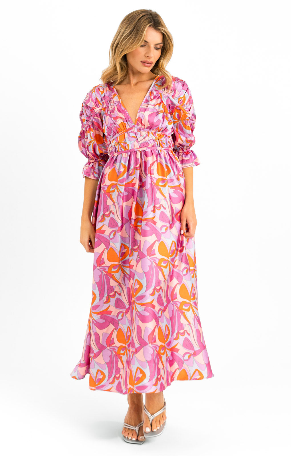 ASOS DESIGN Satin Gathered Detail Plunge Neck Midi Dress In Pop Swirl