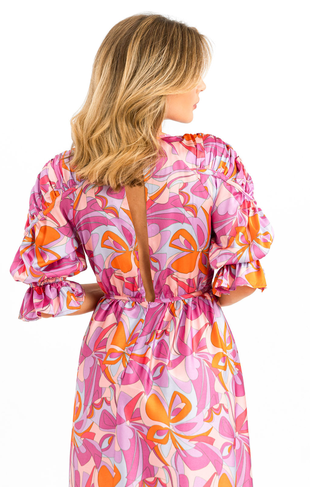 ASOS DESIGN Satin Gathered Detail Plunge Neck Midi Dress In Pop Swirl