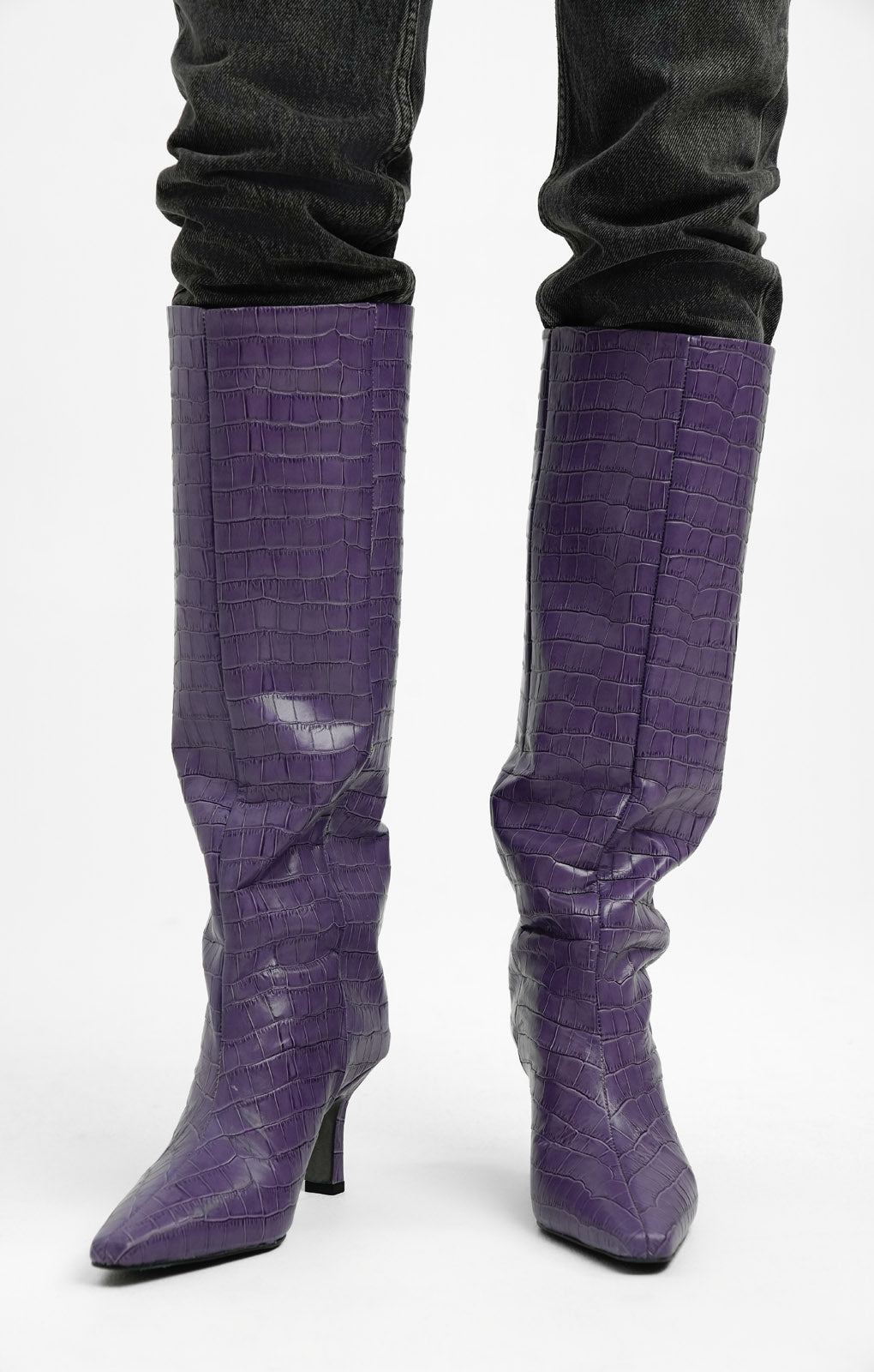 ASOS DESIGN Cydney Premium Leather Pull On Knee Boots In Purple Croc