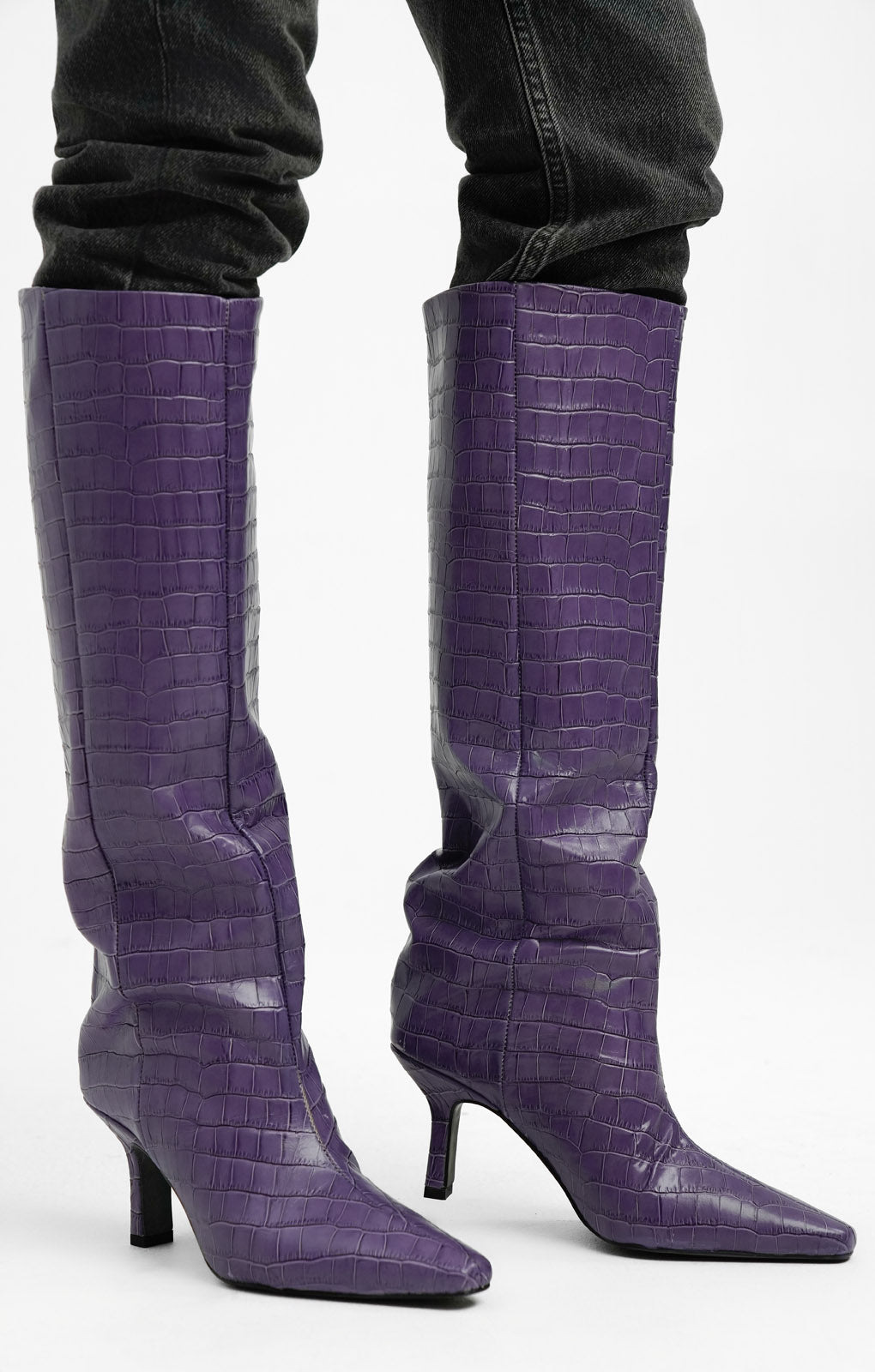 ASOS DESIGN Cydney Premium Leather Pull On Knee Boots In Purple Croc