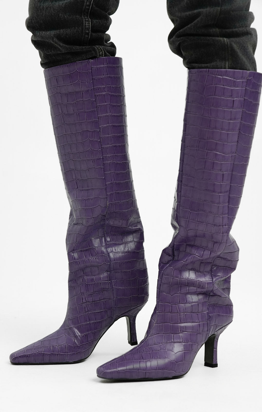 ASOS DESIGN Cydney Premium Leather Pull On Knee Boots In Purple Croc