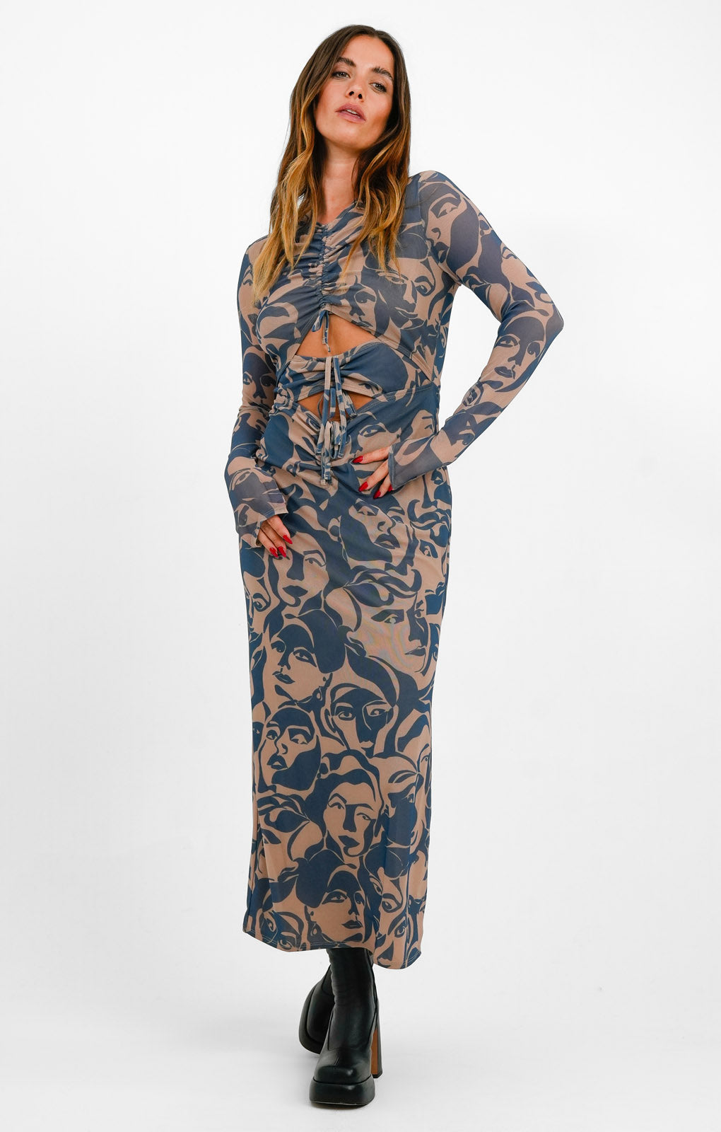 Topshop Faces Print Mesh Cut Out Midi Dress In Mono
