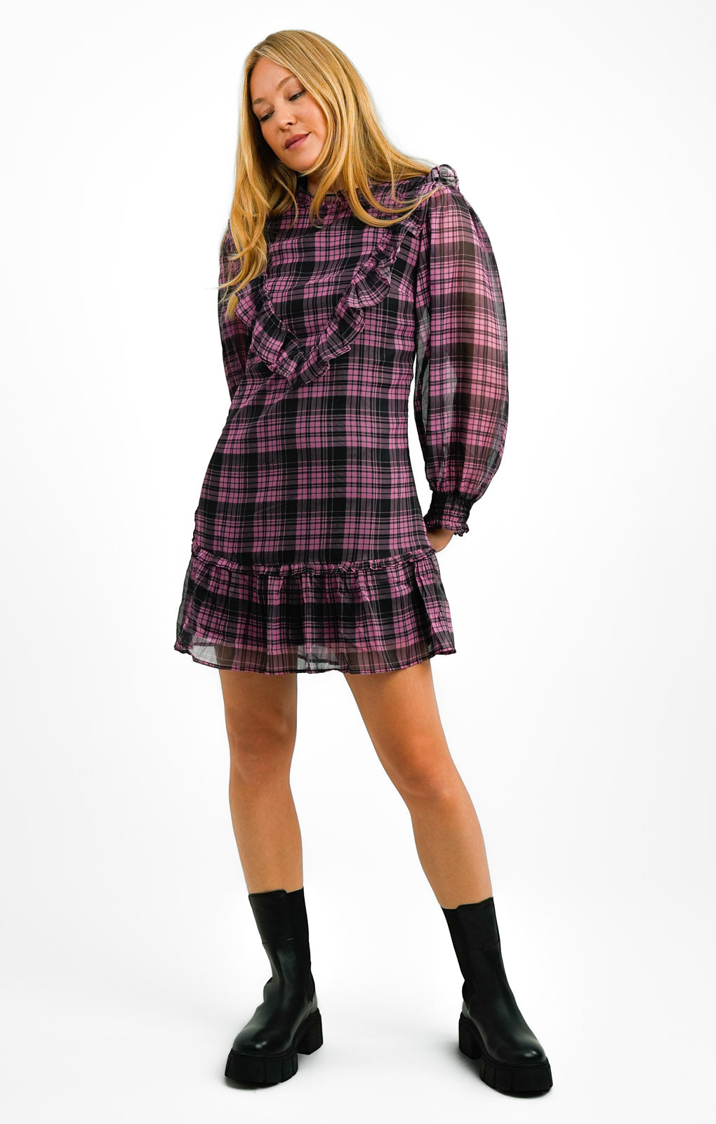 Miss Selfridge Chiffon Frill Bib Smock Mini Dress In Pink Gingham
