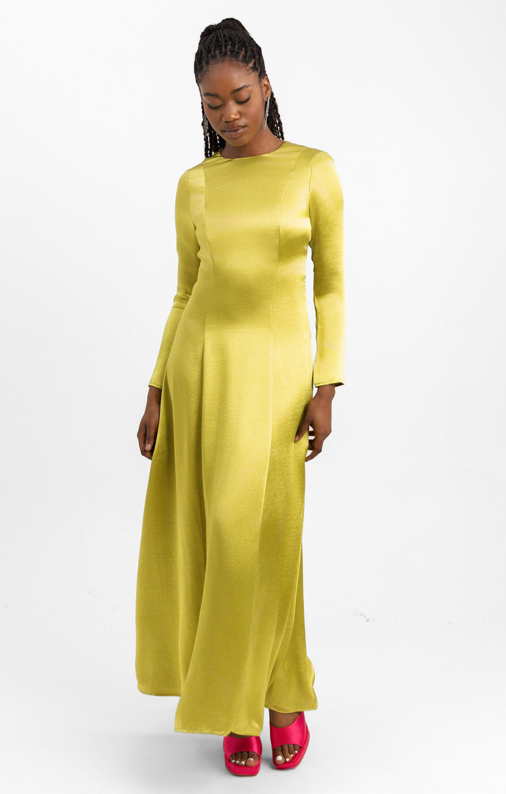 Topshop Open Back Long Sleeve Satin Occasion Maxi Dress In Chartreuse Topshop Open Back Long Sleeve Satin Occasion Maxi Dress In Chartreuse