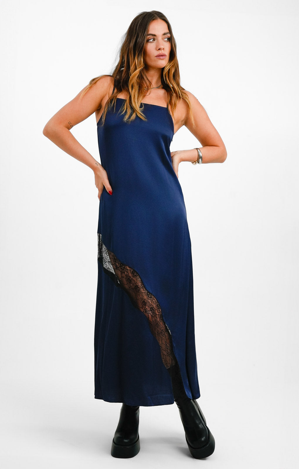 Edited Soft Satin Midi Dress With Lace Insert In Navy