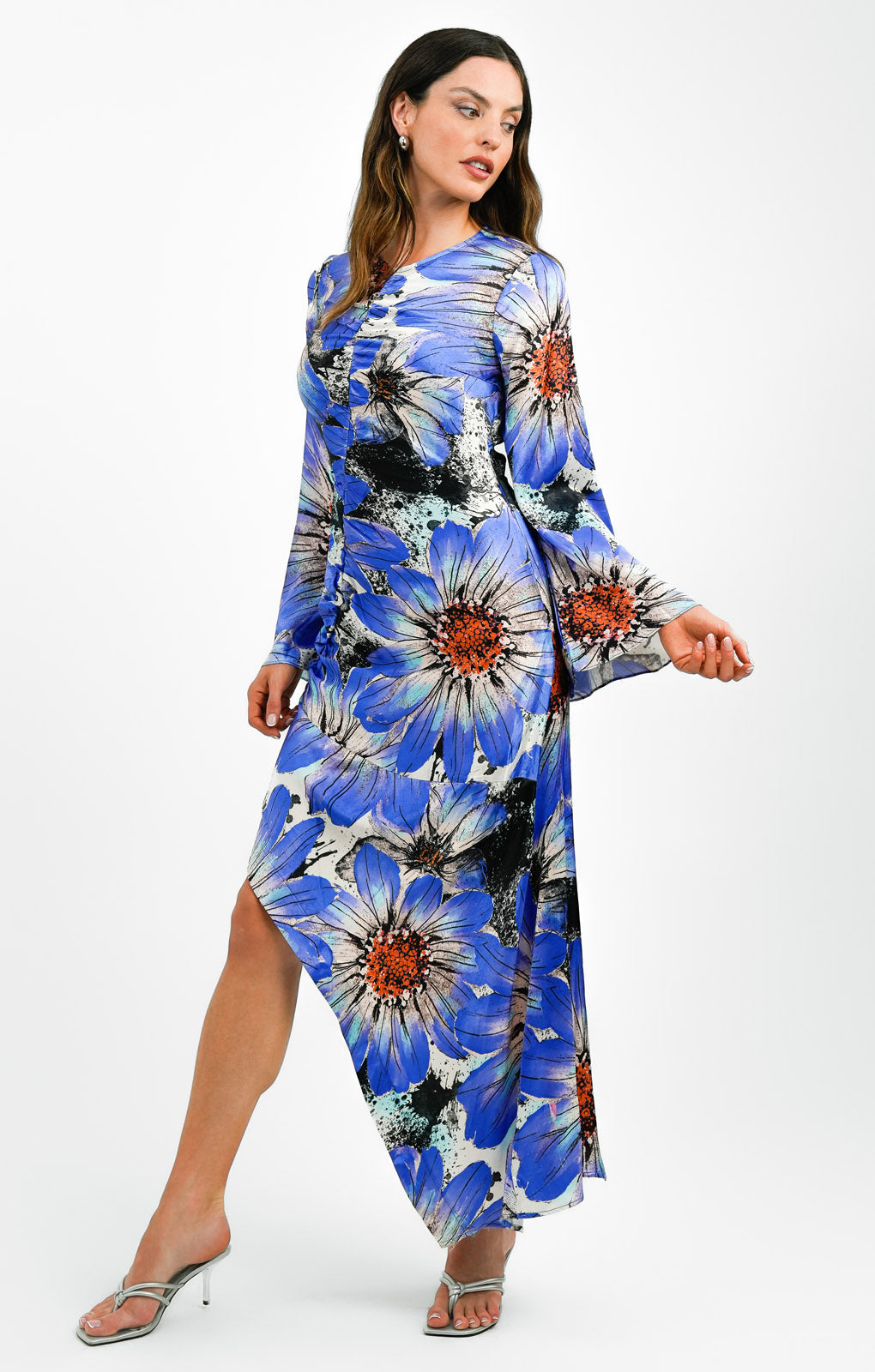 Ruched Bold Flower Maxi Dress