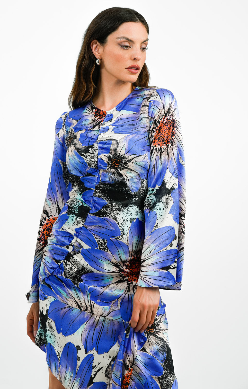 Topshop Bold Floral Ruched Long Sleeve Midi Dress In Cobalt