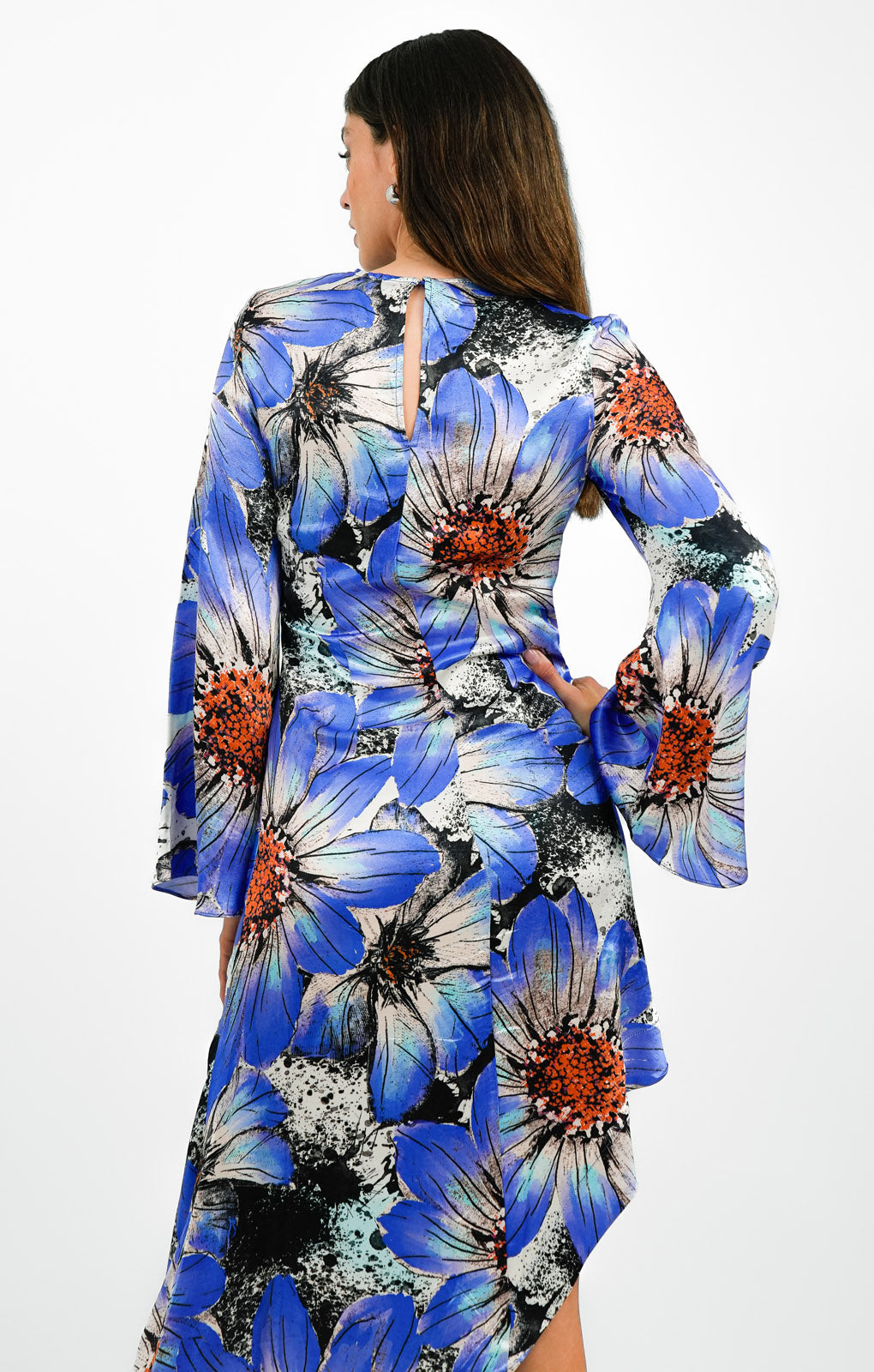 Topshop Bold Floral Ruched Long Sleeve Midi Dress In Cobalt