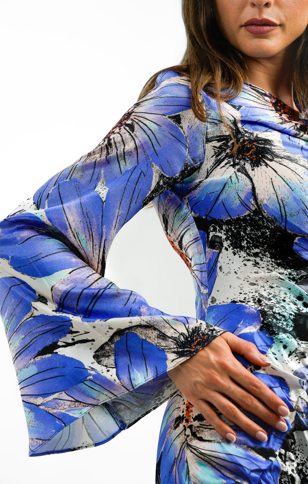 Topshop Bold Floral Ruched Long Sleeve Midi Dress In Cobalt