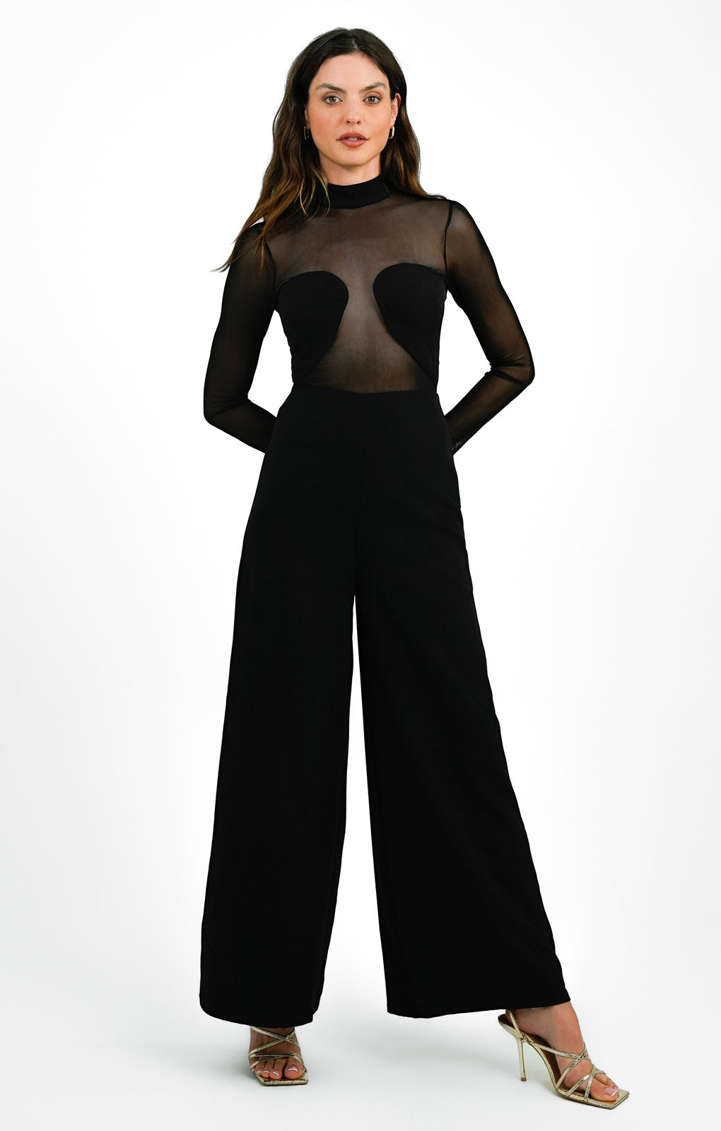 Topshop Mesh Bralette Detail Wide Leg Jumpsuit In Black