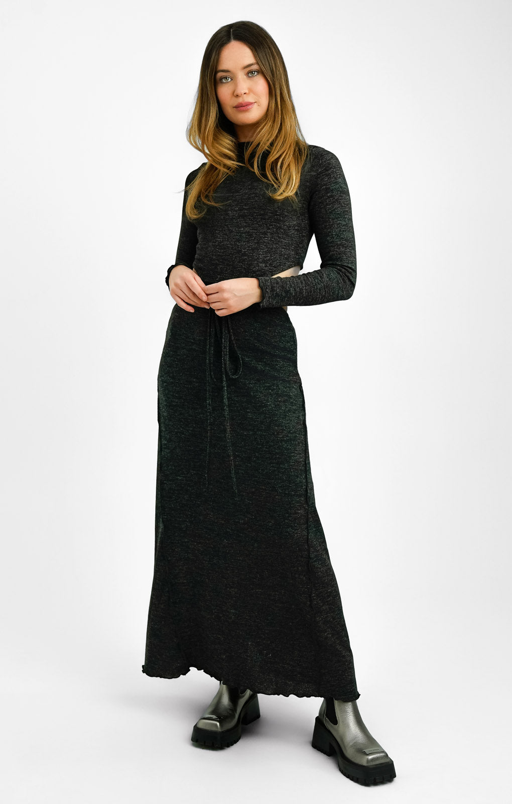 ASOS DESIGN Petite Supersoft Long Sleeve Wrap Around Detail Maxi Dress In Black Space Dye
