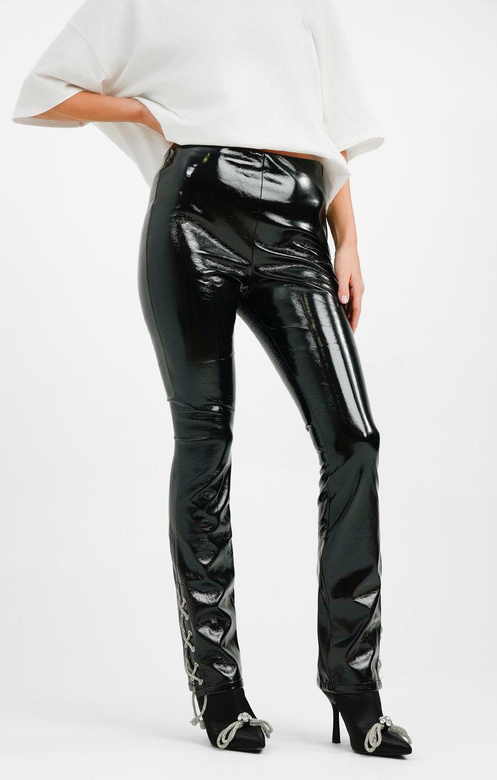 ASOS DESIGN High Shine Vinyl Trouser With Diamante Side Lace Up Flare In Black