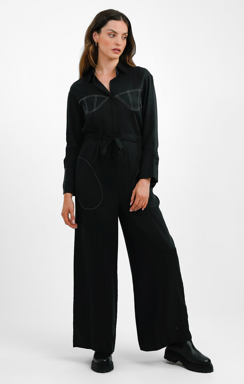 Topshop Contrast Bust Stitch Wide Leg Jumpsuit In Black