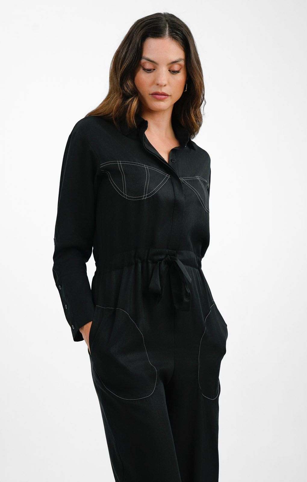 Topshop Contrast Bust Stitch Wide Leg Jumpsuit In Black