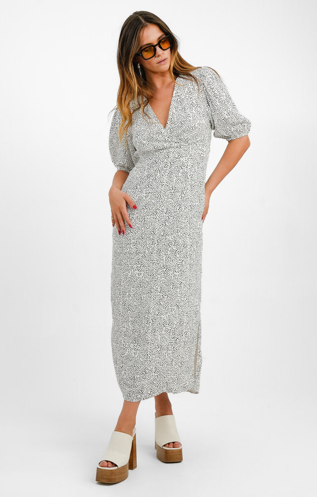 Wrap Midi Dress In White Polka Dot