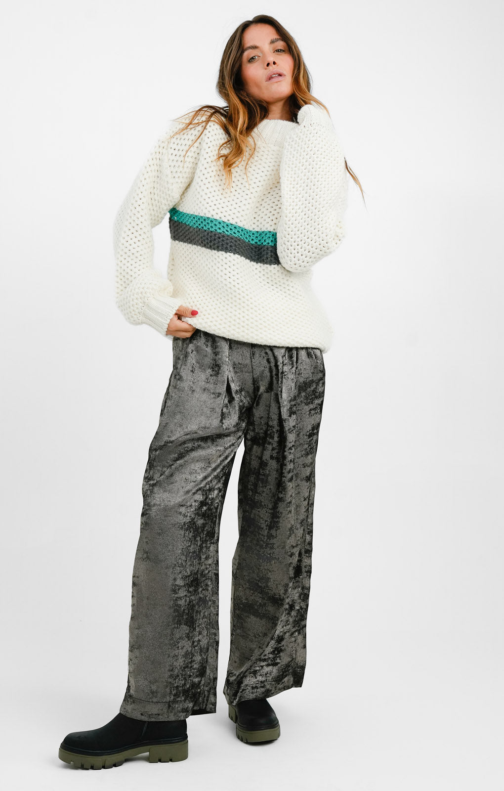 Topshop Knitted Stripe Placement Funnel Jumper In Cream
