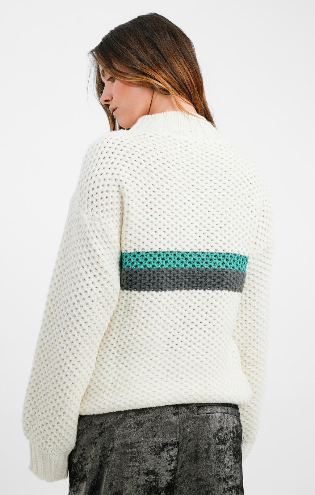 Topshop Knitted Stripe Placement Funnel Jumper In Cream
