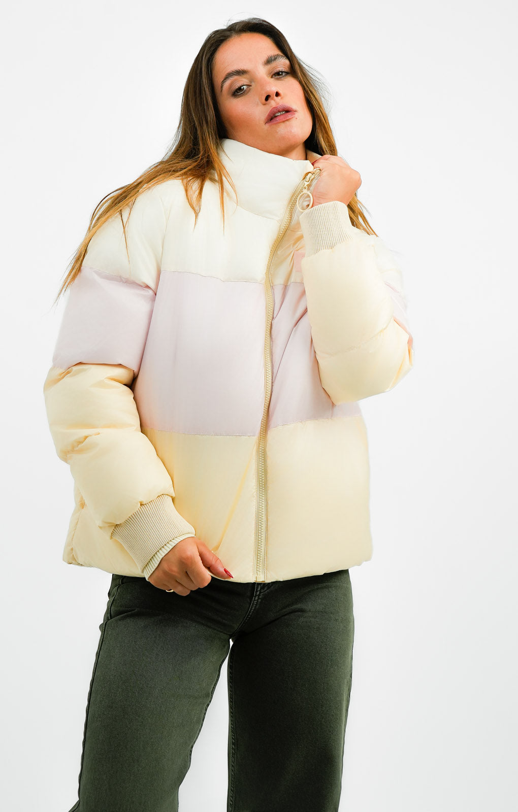 Fila Colour Blocked Puffer Jacket In Yellow And Pink