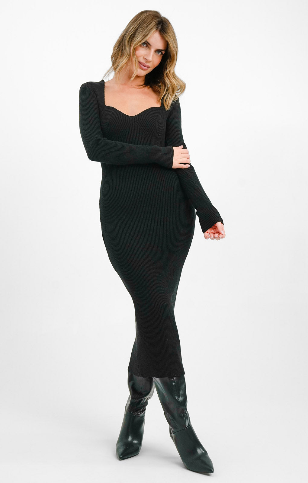 Topshop Knitted Sweetheart Midi Dress In Black