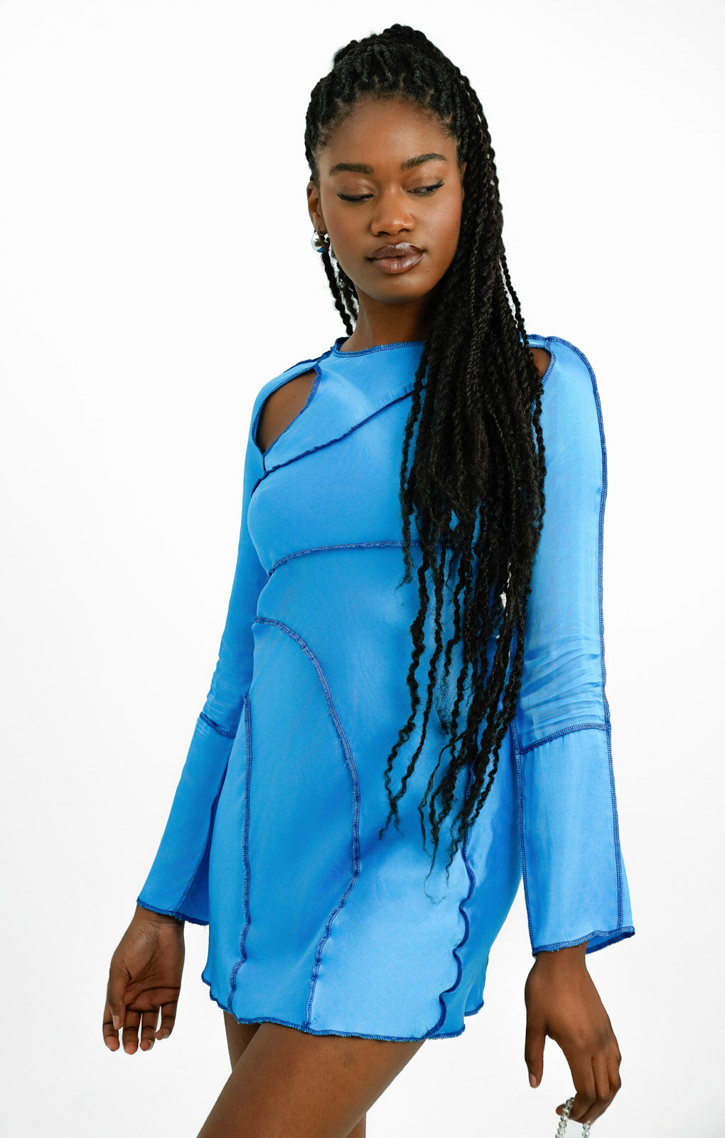 Topshop Seamed Long Sleeve Mini Dress In Cobalt