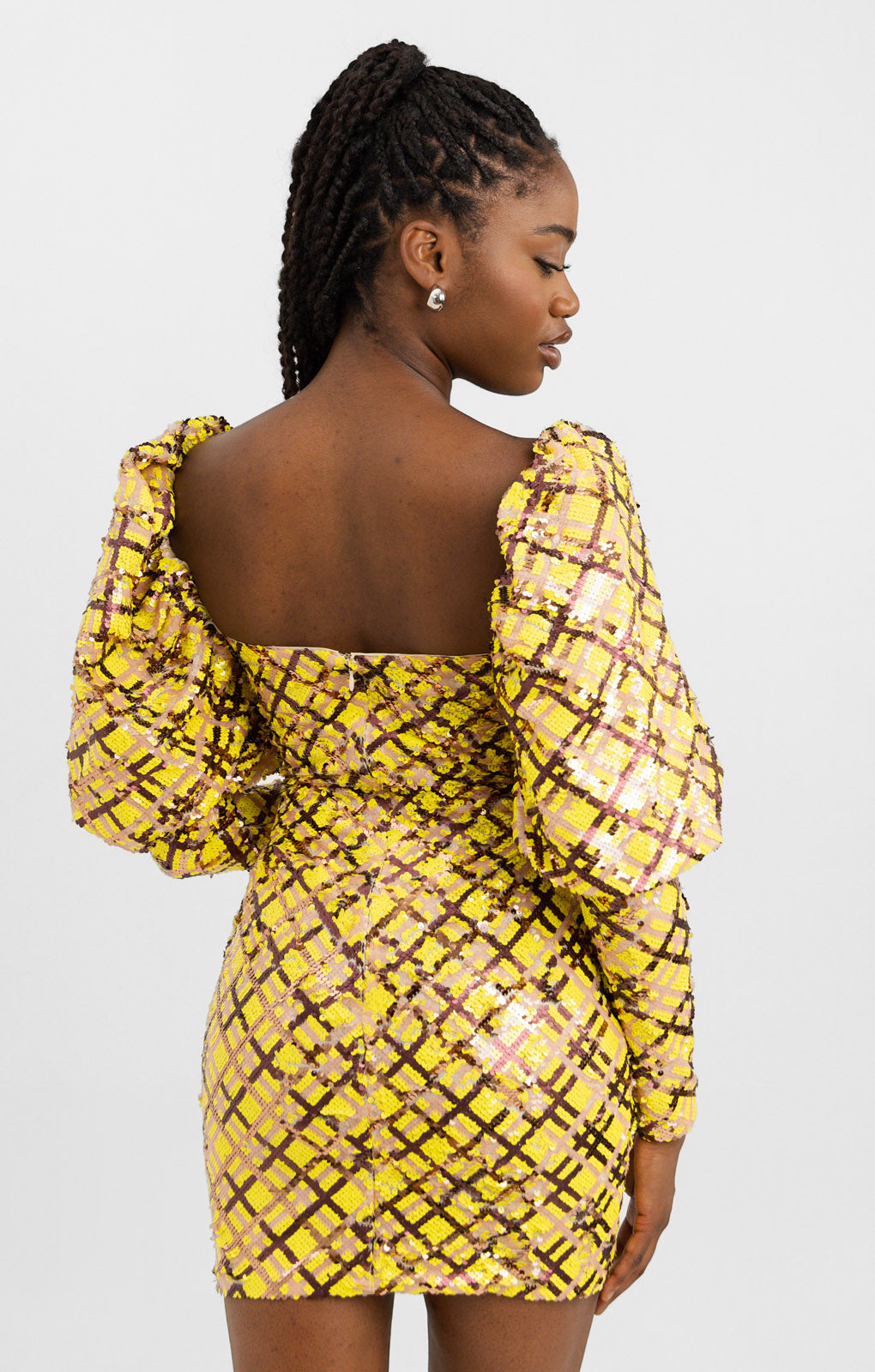 ASOS Luxe Sequin Embellished Love Heart Puff Sleeve Mini Dress In Check