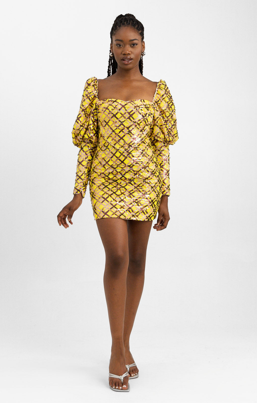 ASOS Luxe Sequin Embellished Love Heart Puff Sleeve Mini Dress In Check