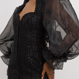 ASOS Luxe Boucle Sweetheart Neck Mini Dress With Sheer Sleeves In Black