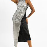Topshop Metallic Halter Neck Midi Dress With Ruched Side In Silver