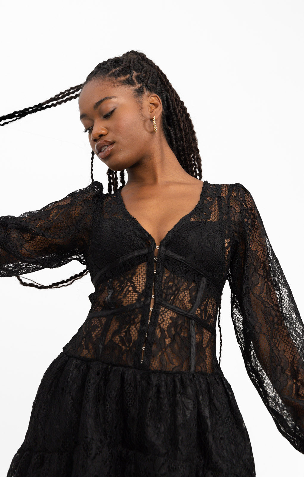 Reclaimed Vintage Inspired Long Sleeve Tie Front Lace Mini Dress In Black