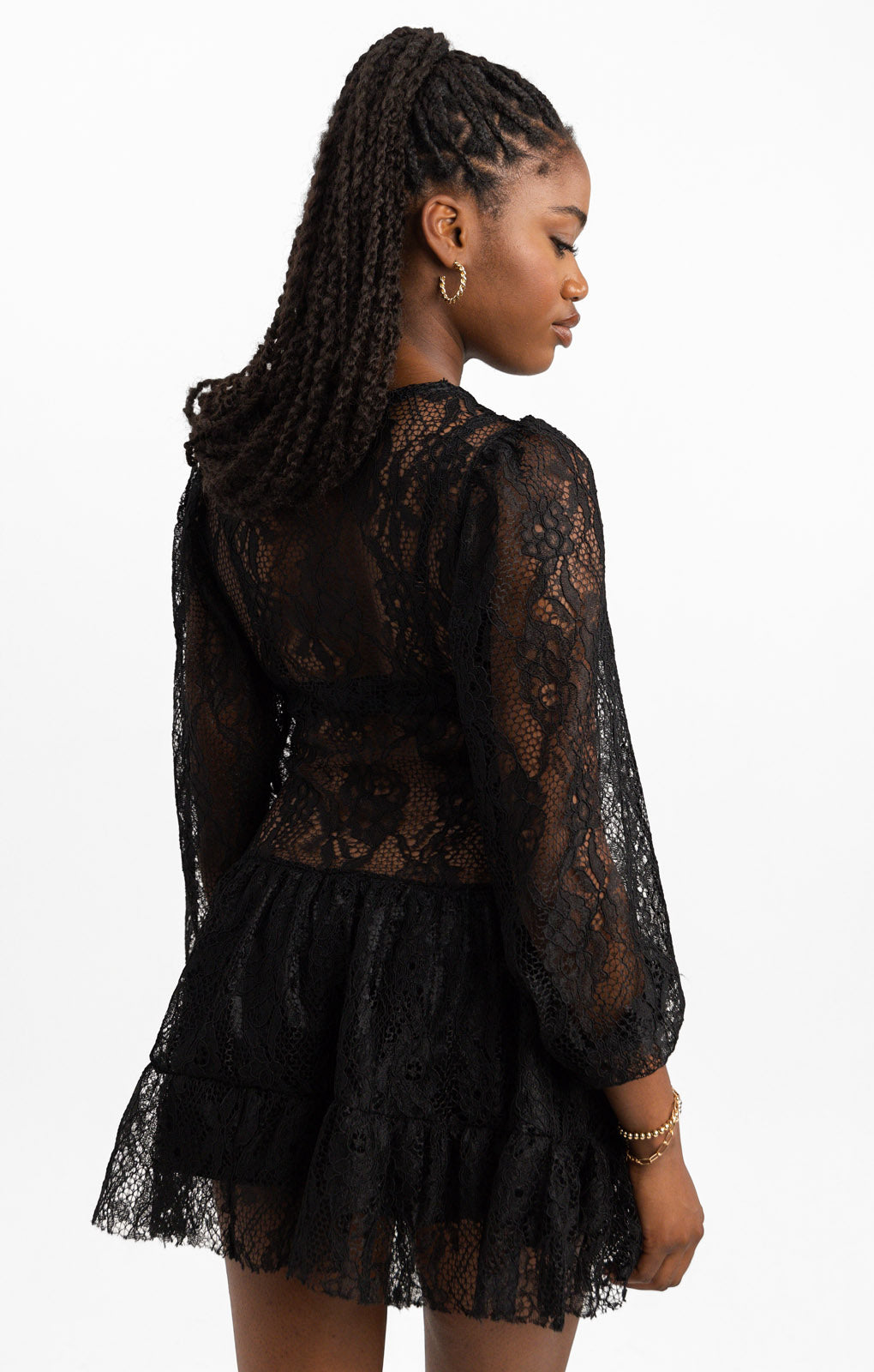 Reclaimed Vintage Inspired Long Sleeve Tie Front Lace Mini Dress In Black