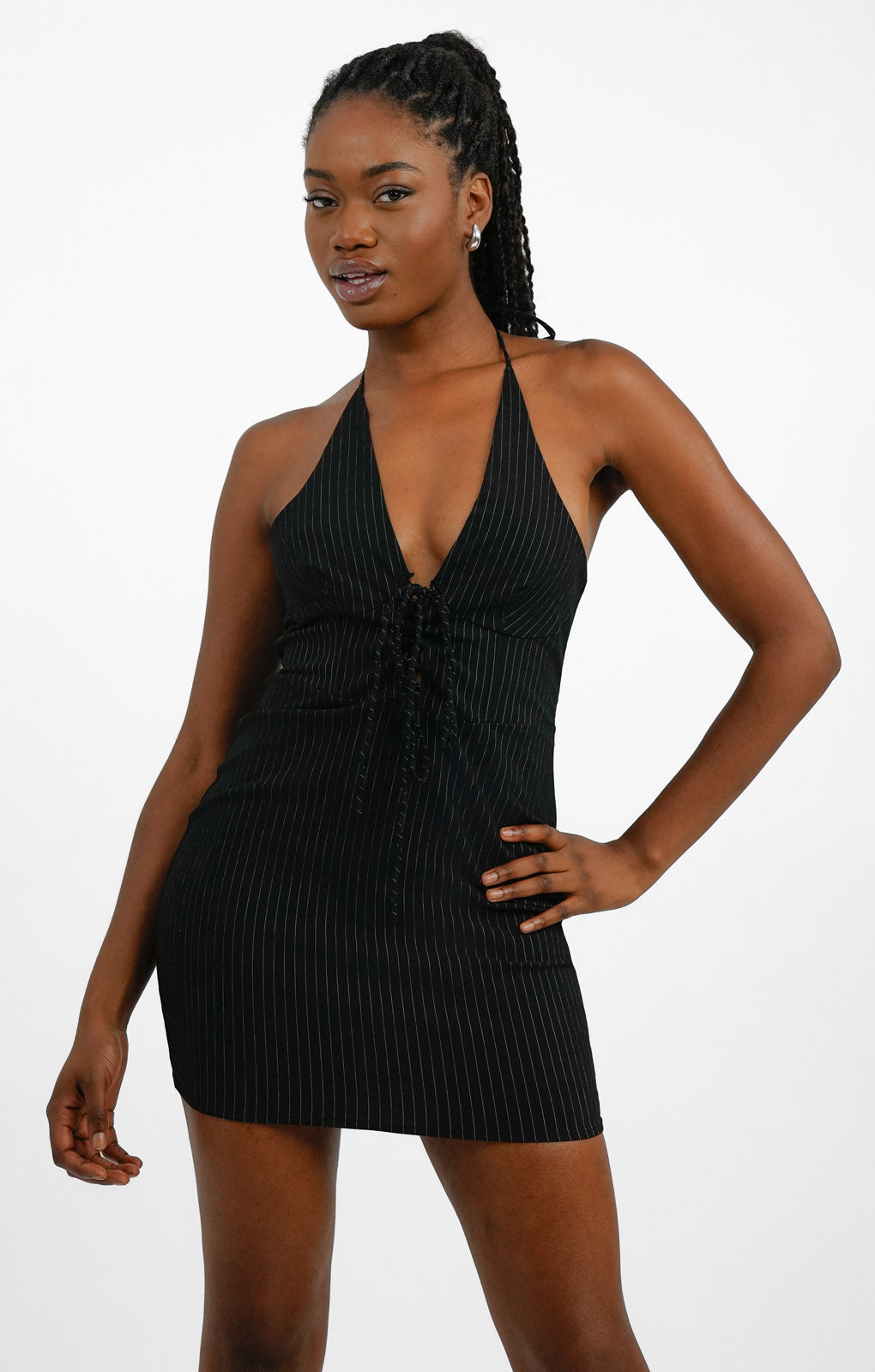 NA-KD Laced Front Halter Mini Dress In Black Pinstripe NA-KD Laced Front Halter Mini Dress In Black Pinstripe