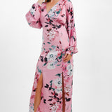 Liquorish Satin Maxi Dress With Kimono Sleeve In Dusky Pink Floral