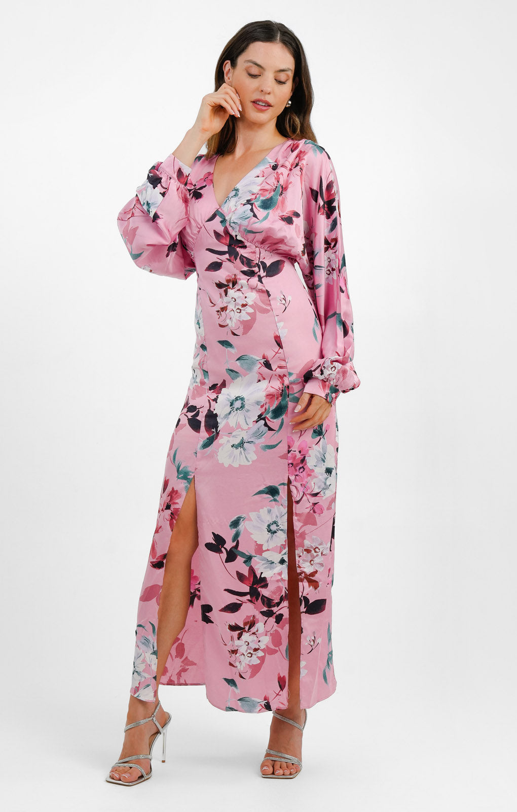 Liquorish Satin Maxi Dress With Kimono Sleeve In Dusky Pink Floral