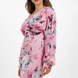 Liquorish Satin Maxi Dress With Kimono Sleeve In Dusky Pink Floral