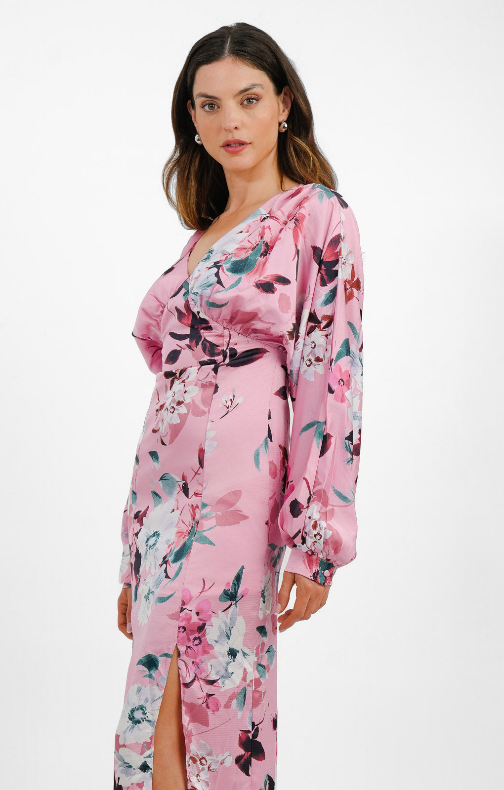 Liquorish Satin Maxi Dress With Kimono Sleeve In Dusky Pink Floral