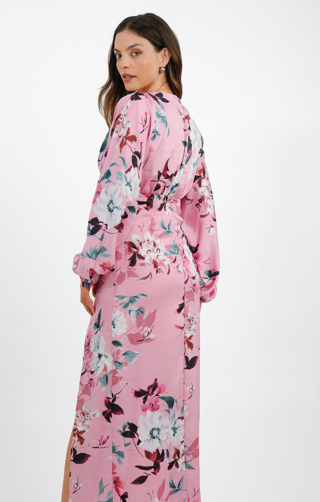 Liquorish Satin Maxi Dress With Kimono Sleeve In Dusky Pink Floral