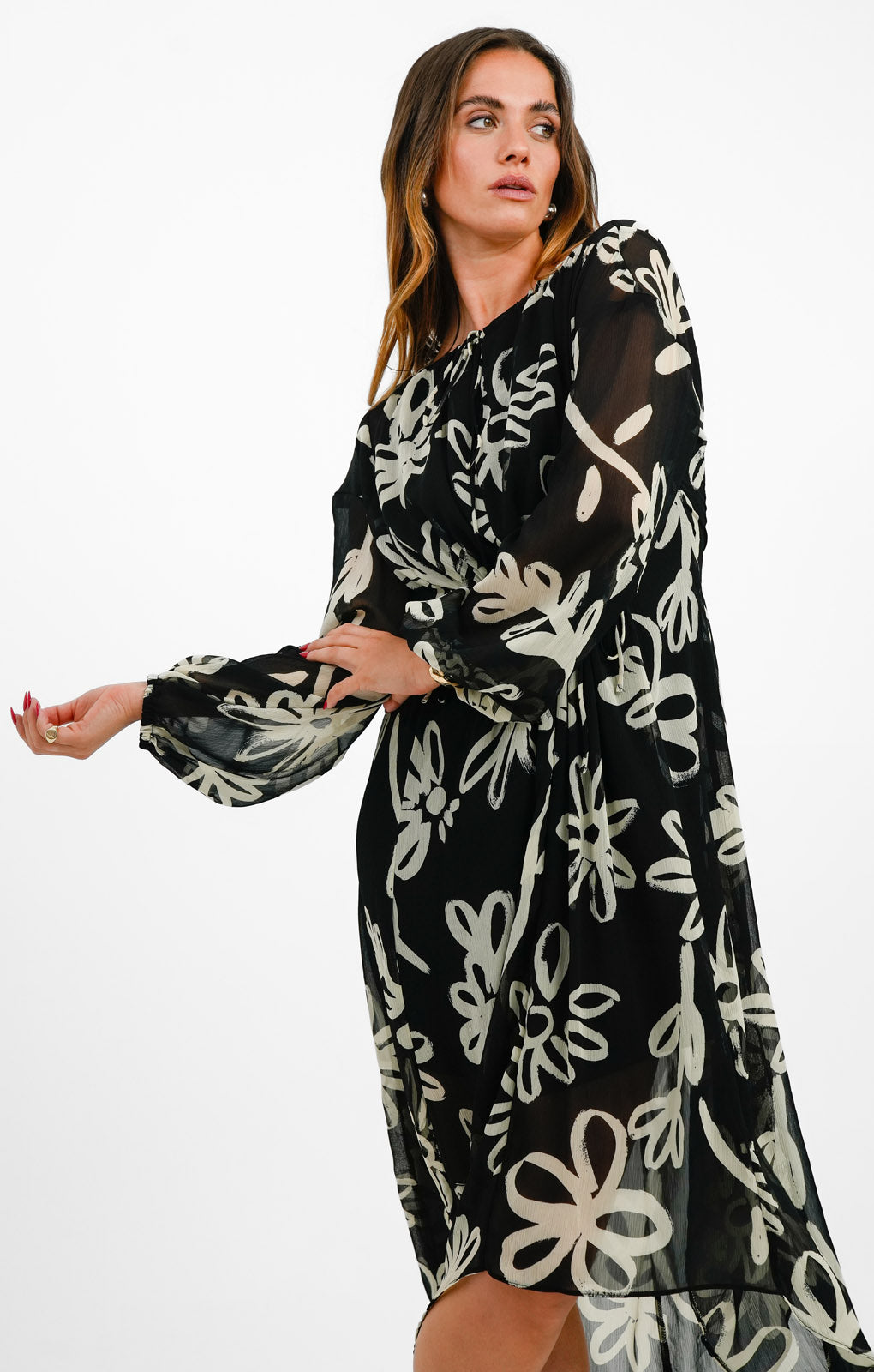 Topshop Long Sleeve V-Neck Chuck On Midi Dress In Bold Floral
