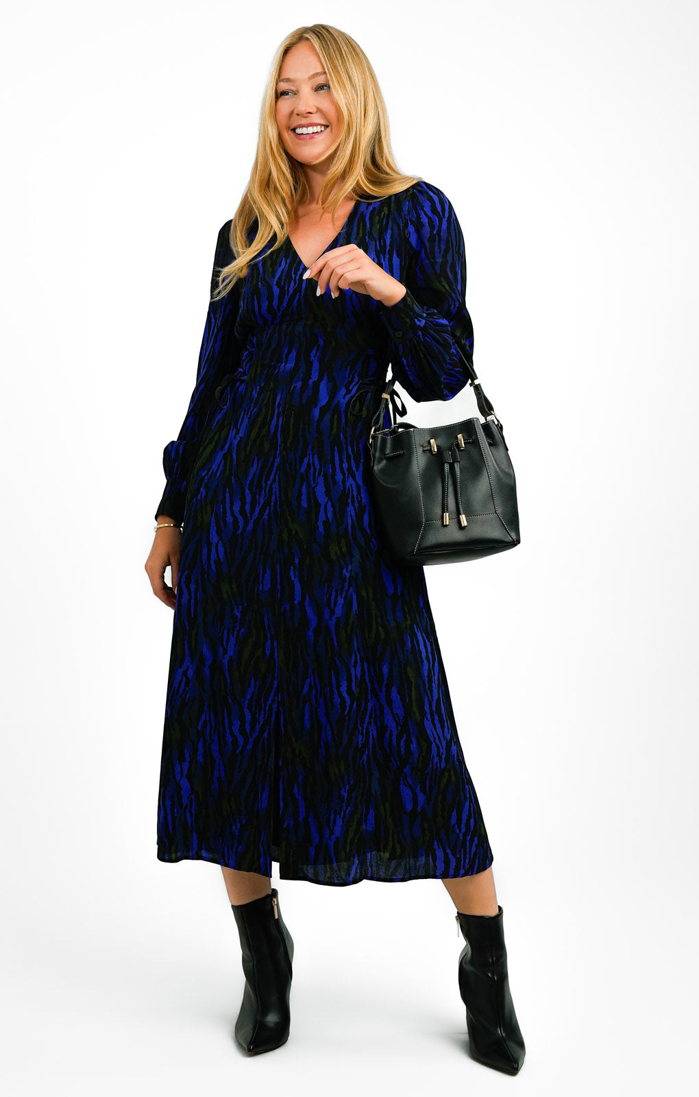 Whistles Balloon Sleeve Midi Dress With Tie Side In Dark Tiger Print