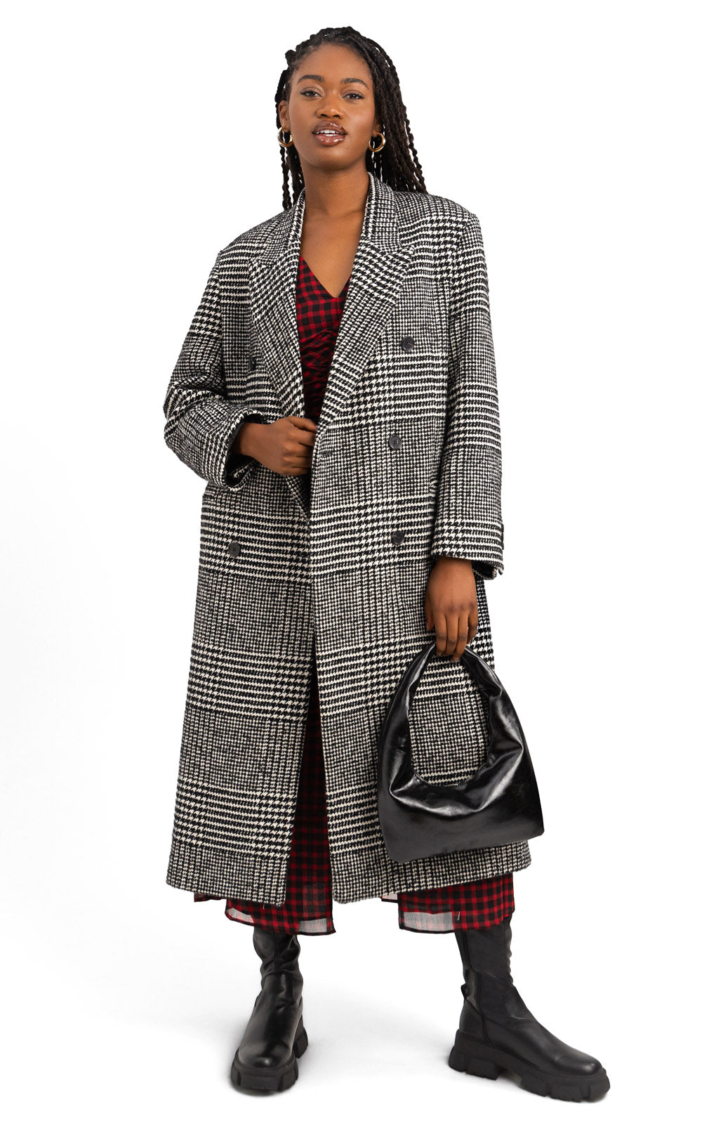 Oversized Long Coat In Black And White Houndstooth Check