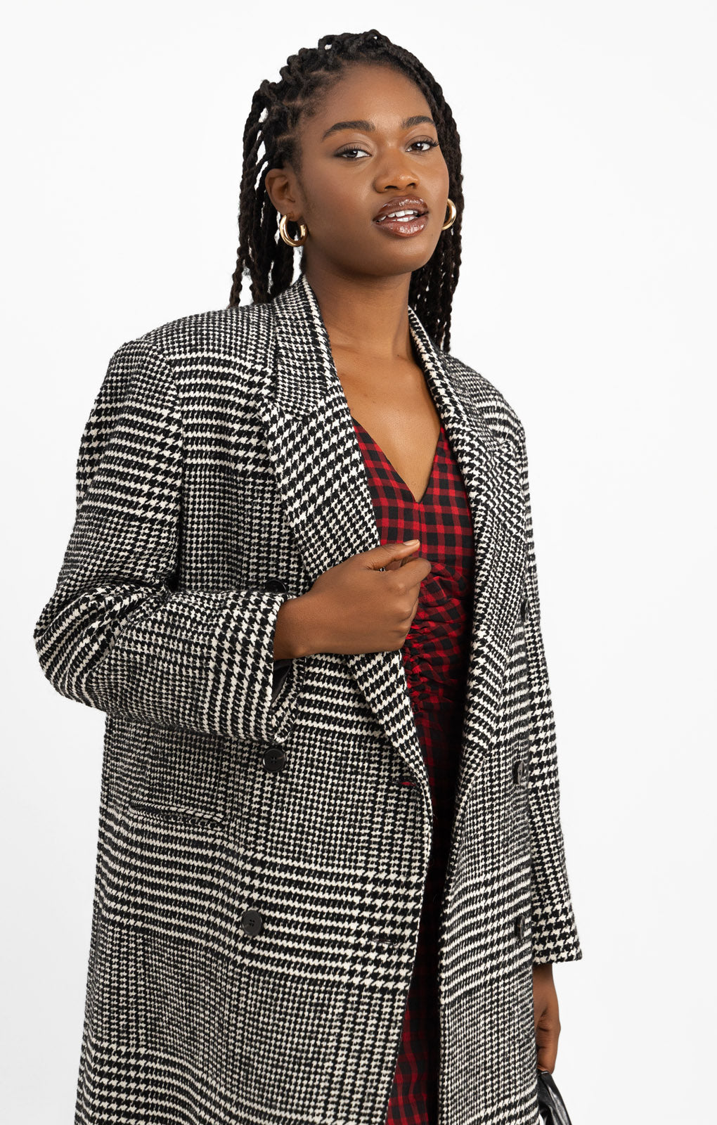Oversized Long Coat In Black And White Houndstooth Check