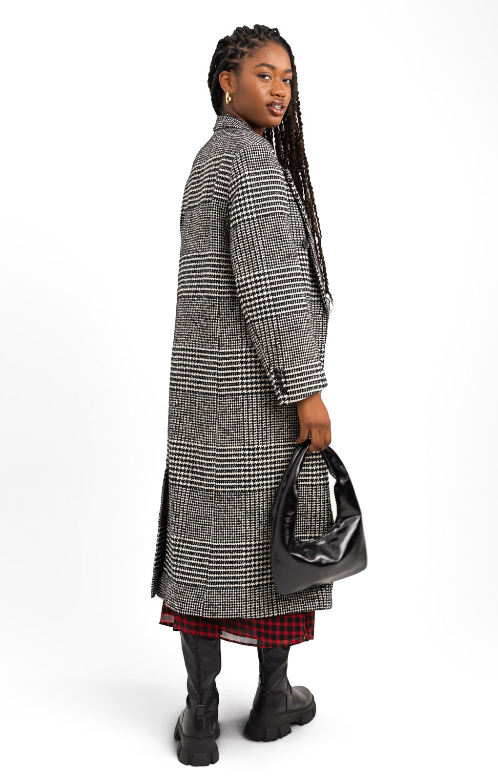 Oversized Long Coat In Black And White Houndstooth Check