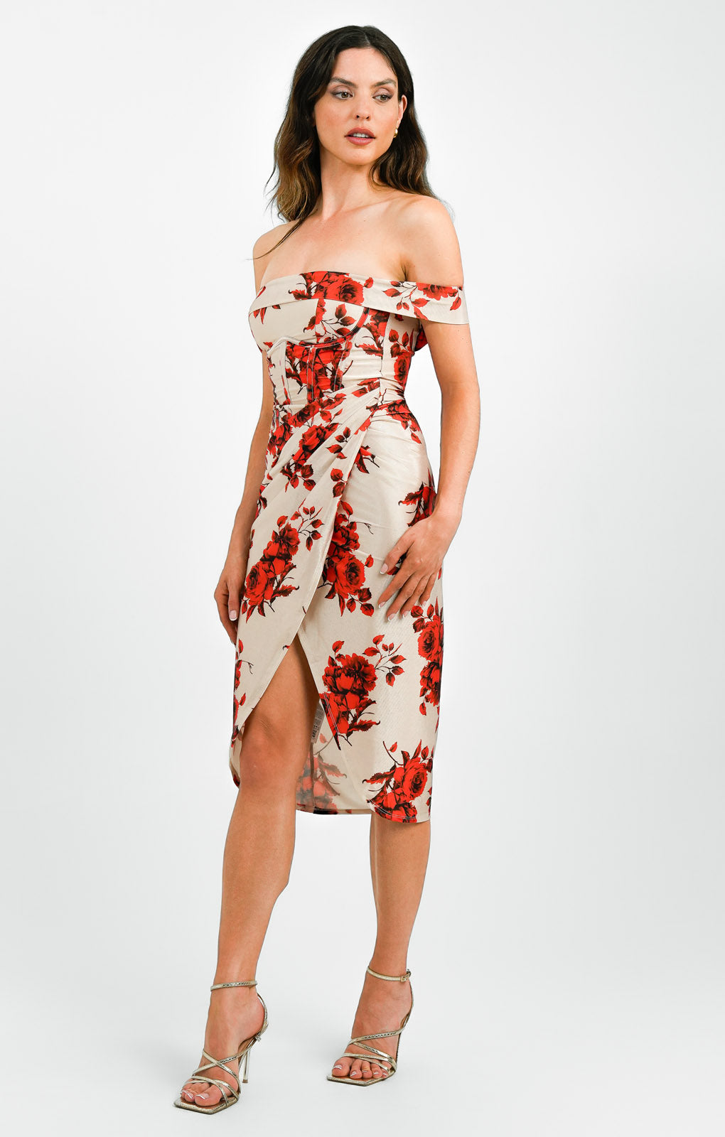 ASOS DESIGN Bardot Satin Corset Wrap Midi Dress In Rose Print
