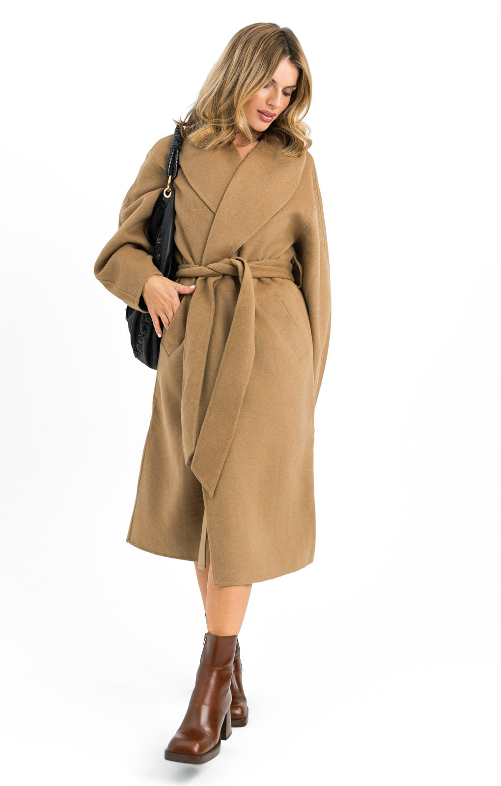 Wool Belted Coat In Beige - Main Image