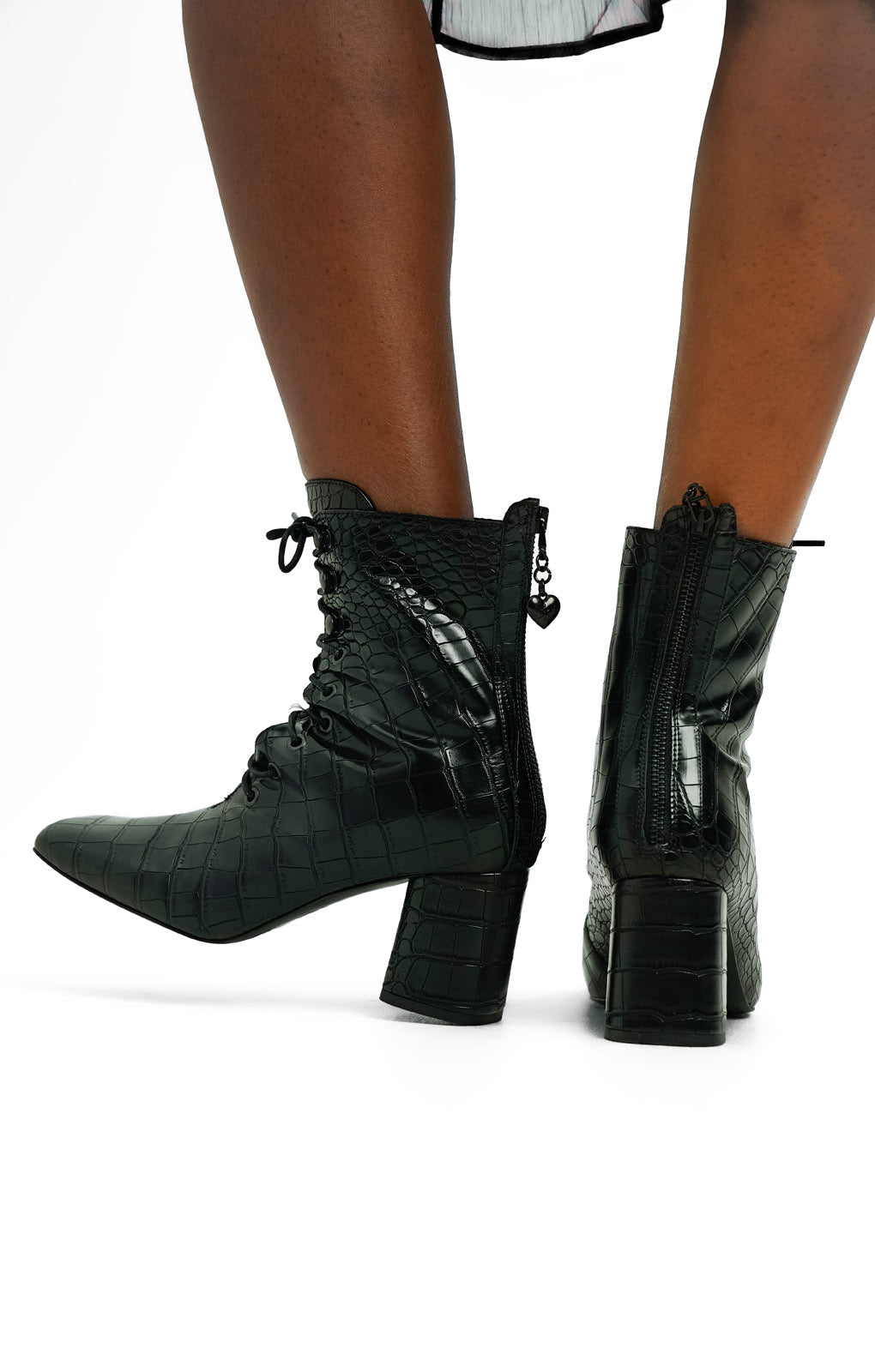 Love Moschino Lace Up Boots With Zip Back In Black Croc