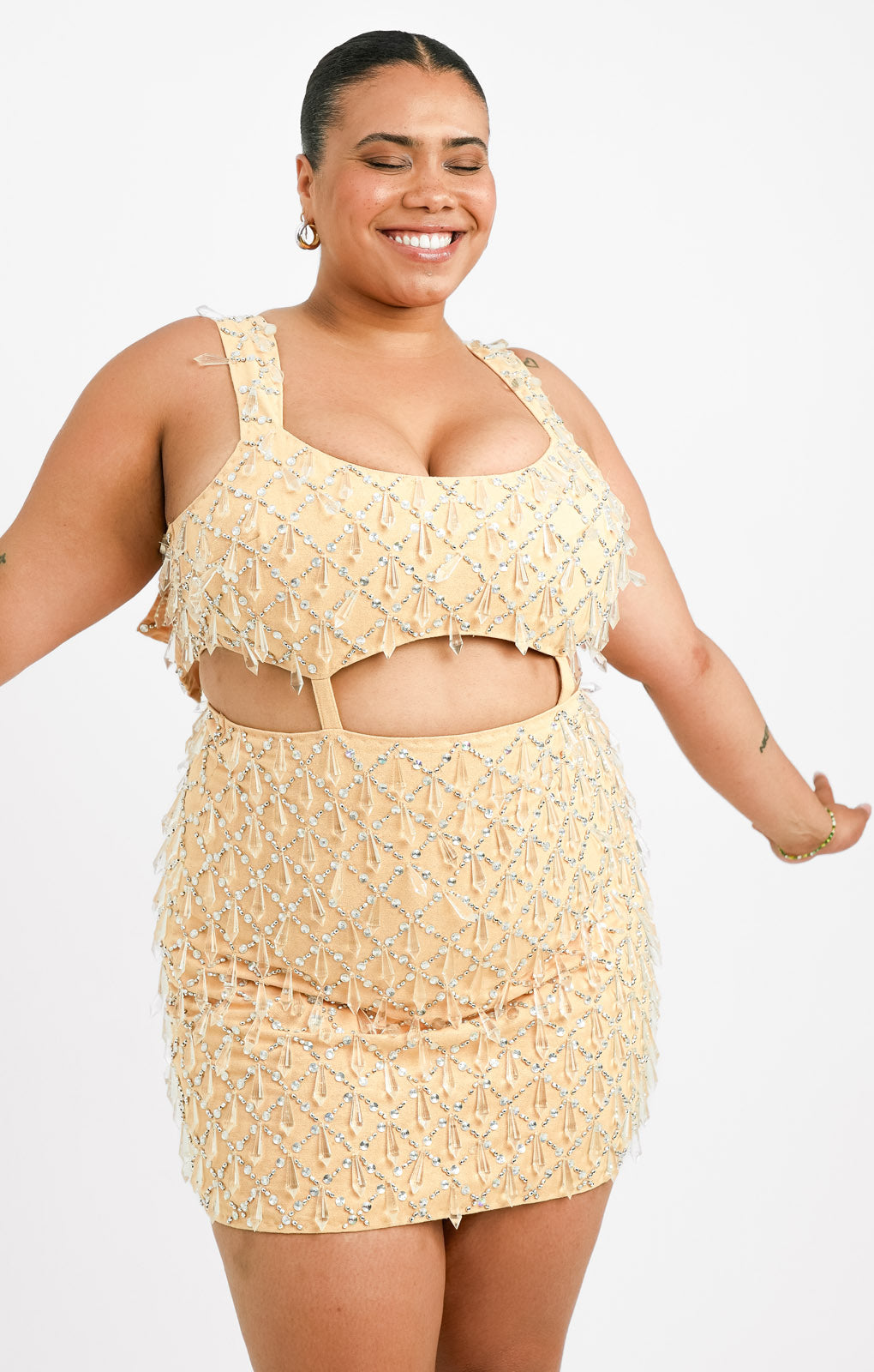 ASOS DESIGN Curve Dripped Jewel Embellished Twill Mini Dress With Cut Out Drop Waist Detail In Stone