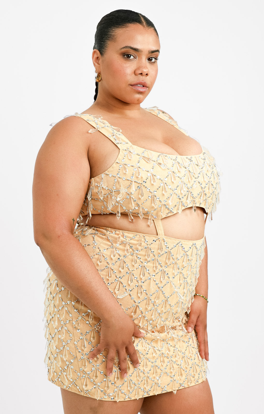 ASOS DESIGN Curve Dripped Jewel Embellished Twill Mini Dress With Cut Out Drop Waist Detail In Stone